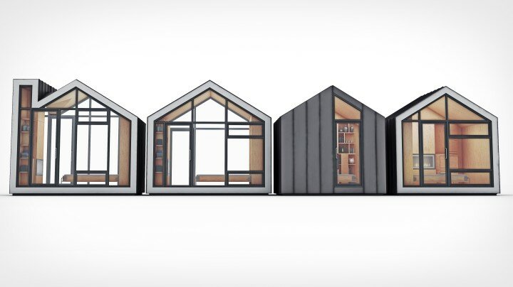 Four Bunkie models, front view - Bunkie Premier, Bunkie Monarch, Bunkie Huron, Bunkie VOS - small prefab home - micro home - studio home