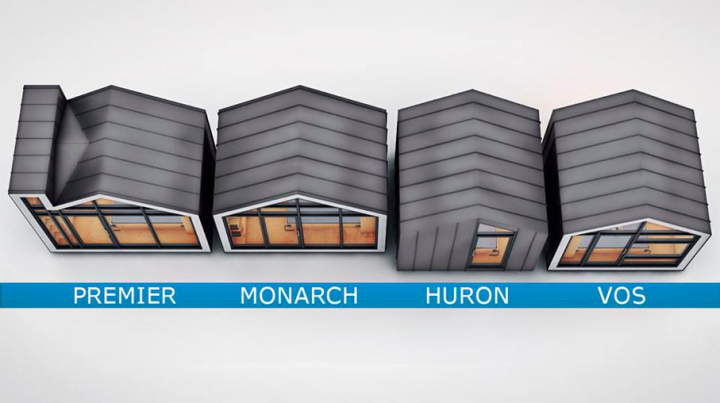 Top view of four Bunkie models - Bunkie Premier, Bunkie Monarch, Bunkie Huron, Bunkie VOS - small prefab home - micro home - studio home